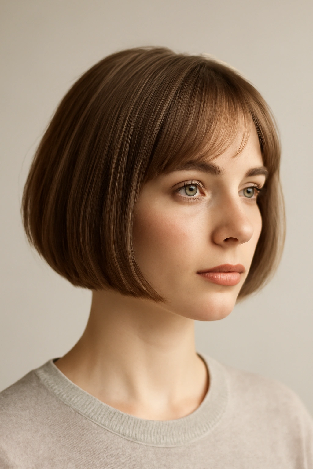 Close-up portrait of a chic jaw-length blunt bob on fine hair with studio lighting