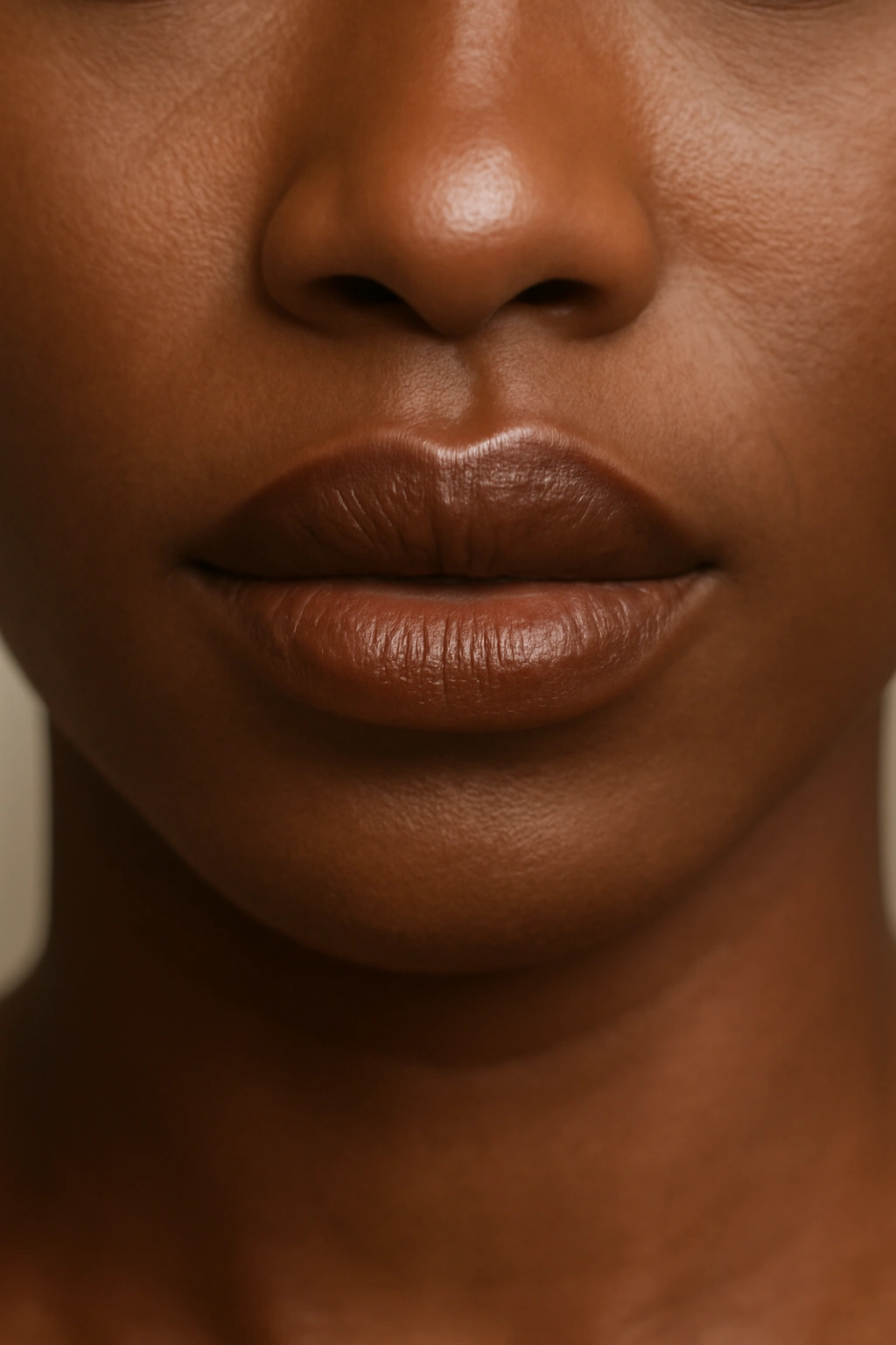 Close-up of lips in chocolate brown lipstick on dark skin