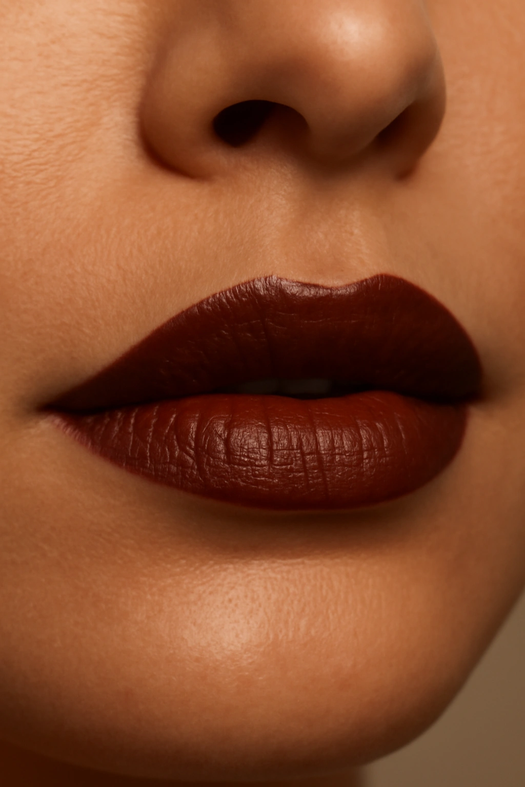 Close-up lips in chocolate brown lipstick with red-berry undertones.