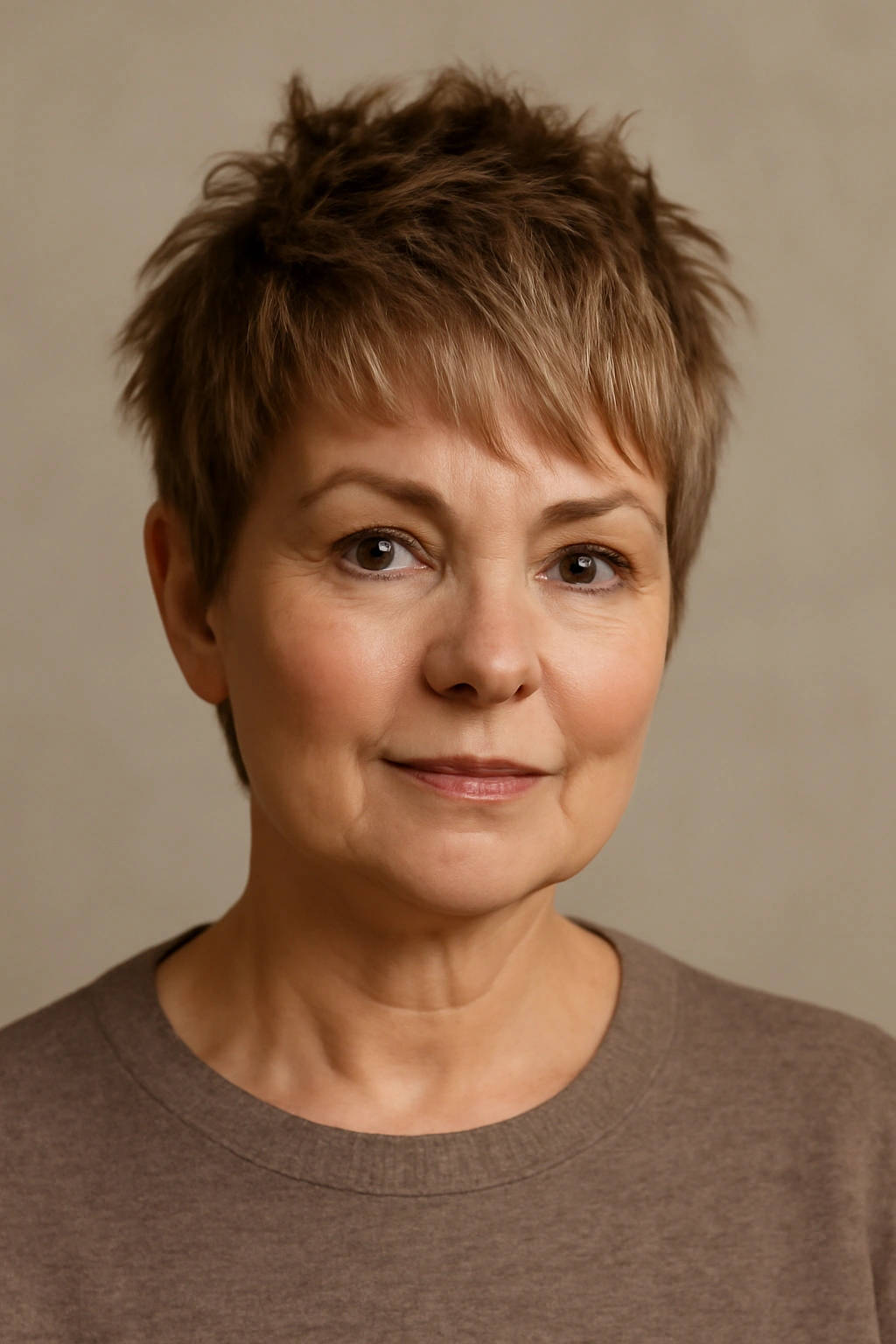 Portrait of choppy pixie with razor-cut layers and textured pieces.