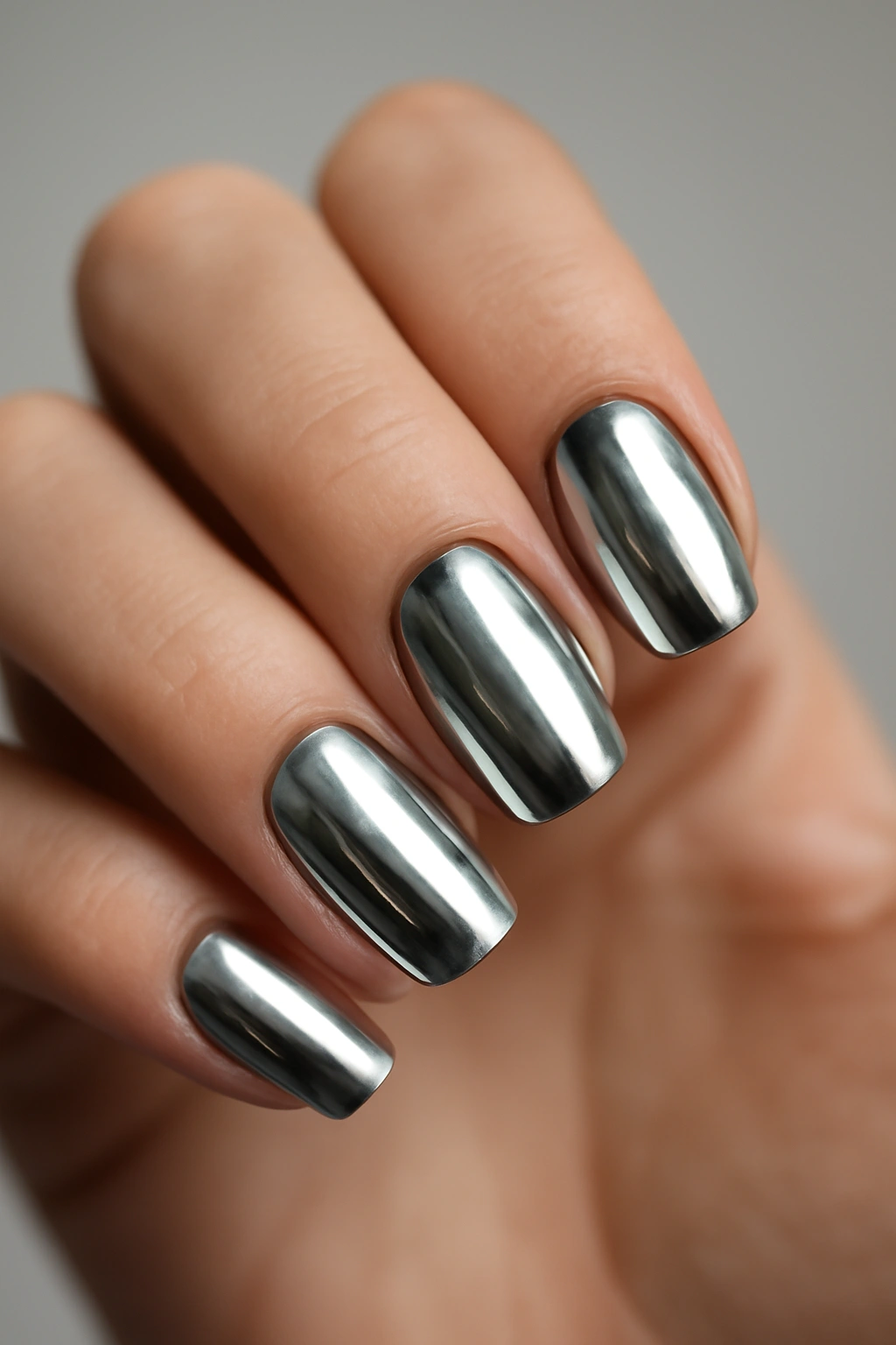 Close-up of chrome silver nails with mirror-like liquid metal finish
