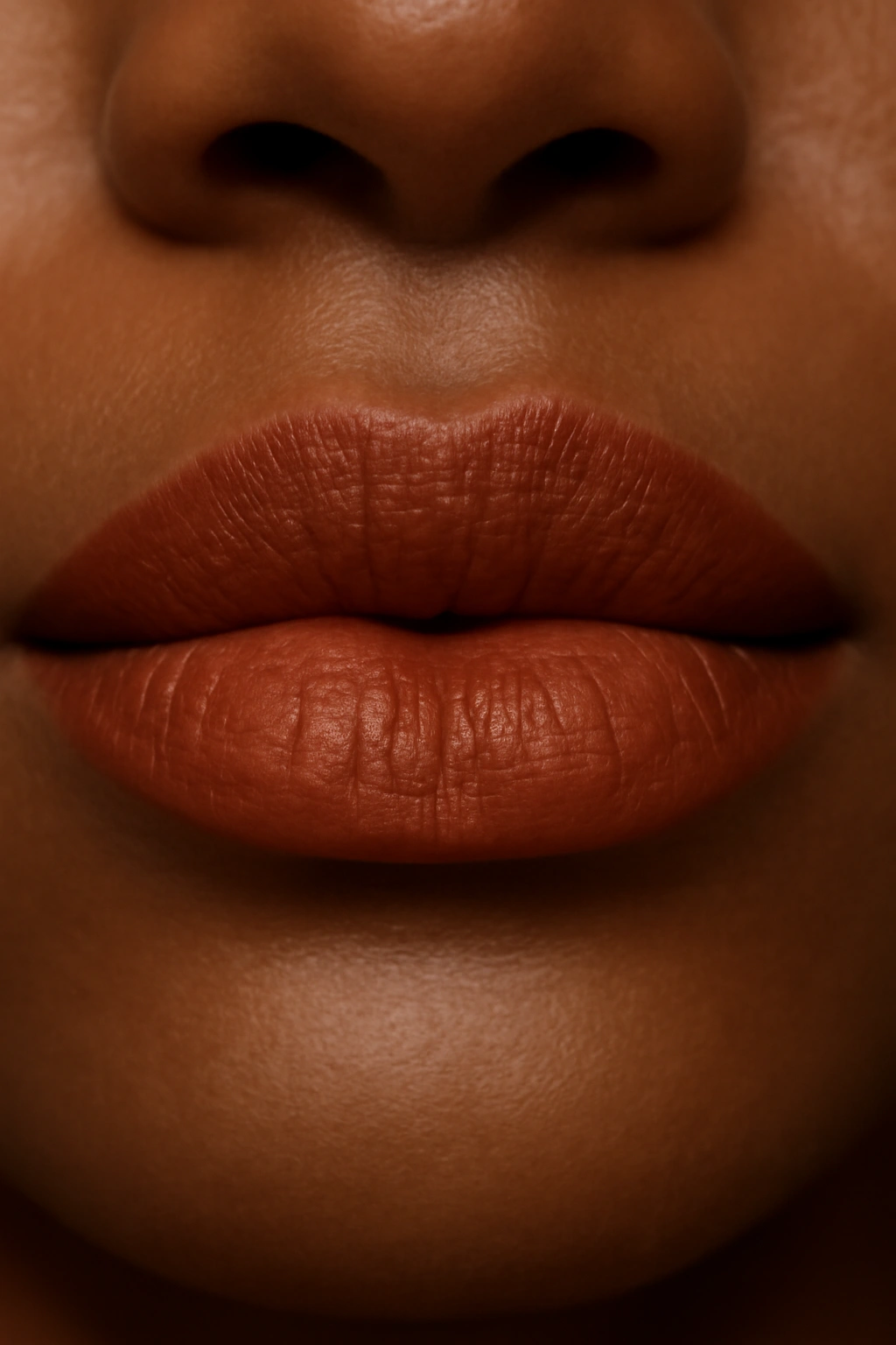 Close-up of lips in cinnamon lipstick with warm reddish-brown tone