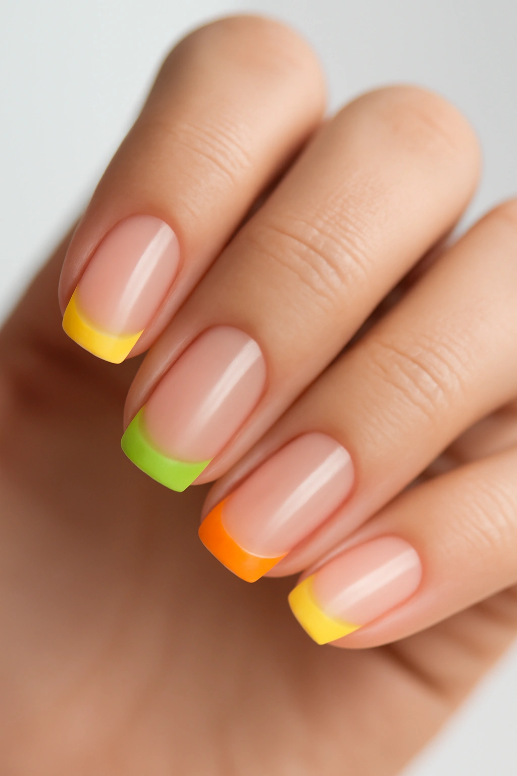 Close-up of citrus splash French tips on manicured nails