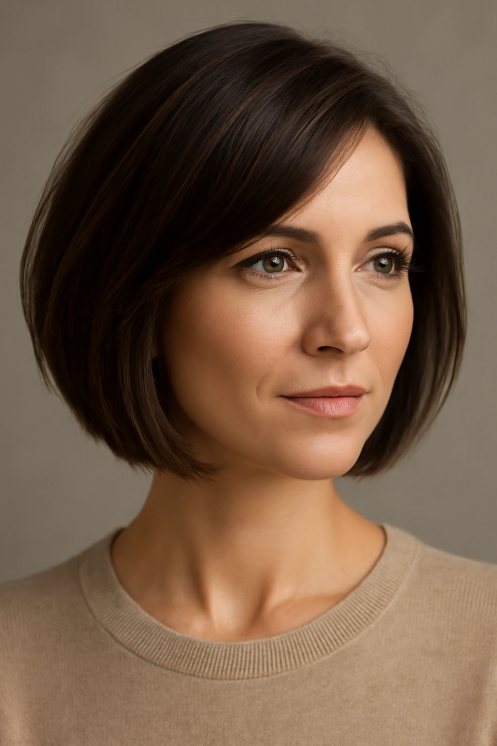 Close-up of a woman with a jaw-length bob and face-framing layers.