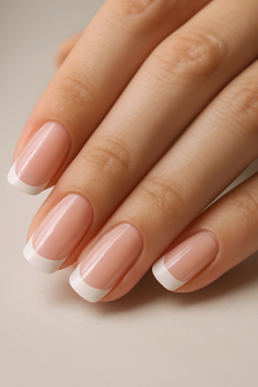 Nails with classic French manicure featuring nude base and white tips