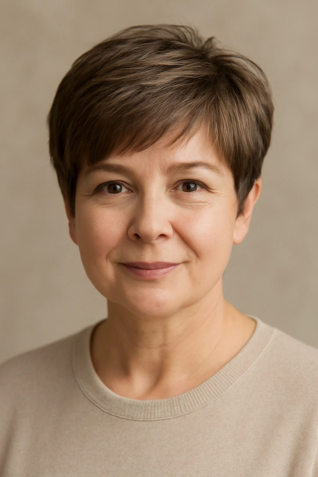 Portrait of a woman with a classic pixie featuring soft layers