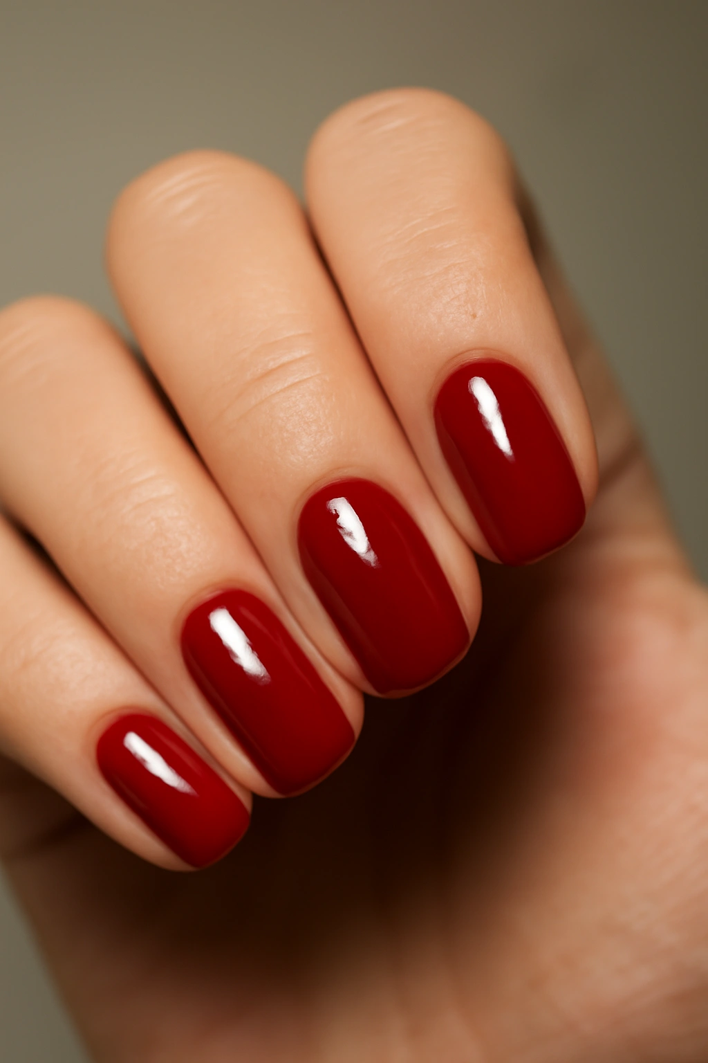 Close-up of glossy classic red nails on a hand with a neutral background