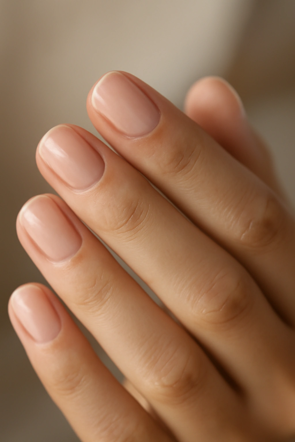 Close-up of subtle natural nails with sheer pink or buffed finish