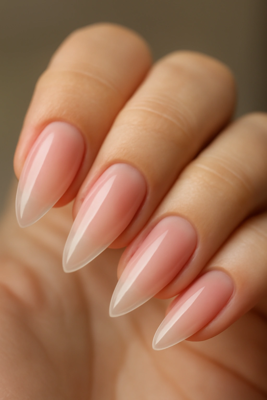 Almond nail with clear base and pink infill at nail bed