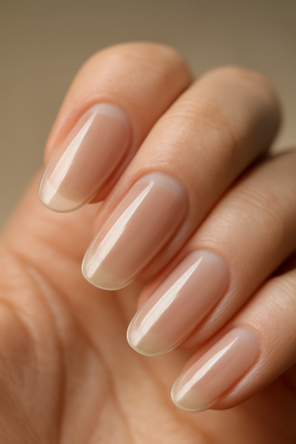 Close-up of clear natural-overlay nails with subtle shine on a hand