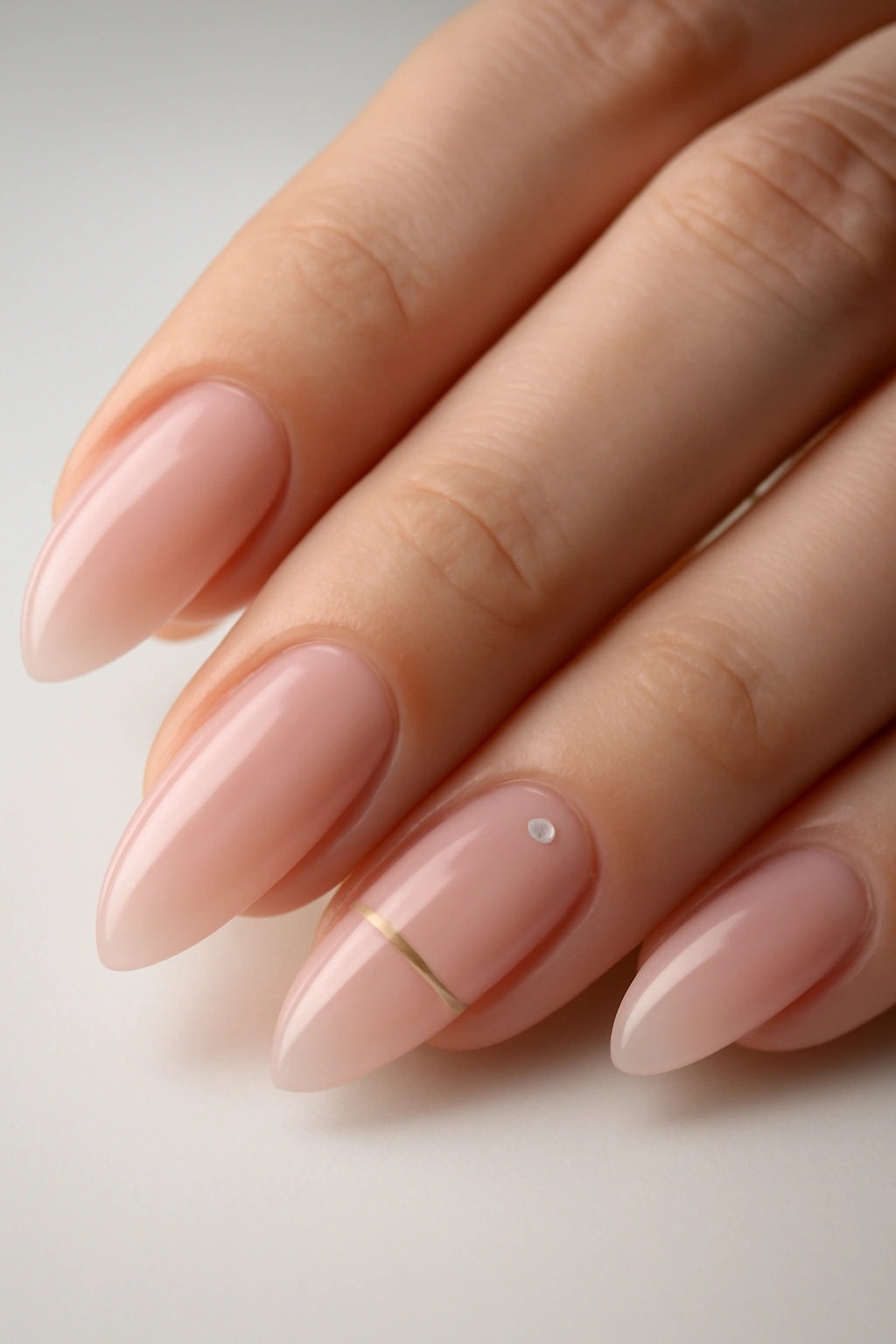 Almond nails with clear pink base and minimalist gold stripe