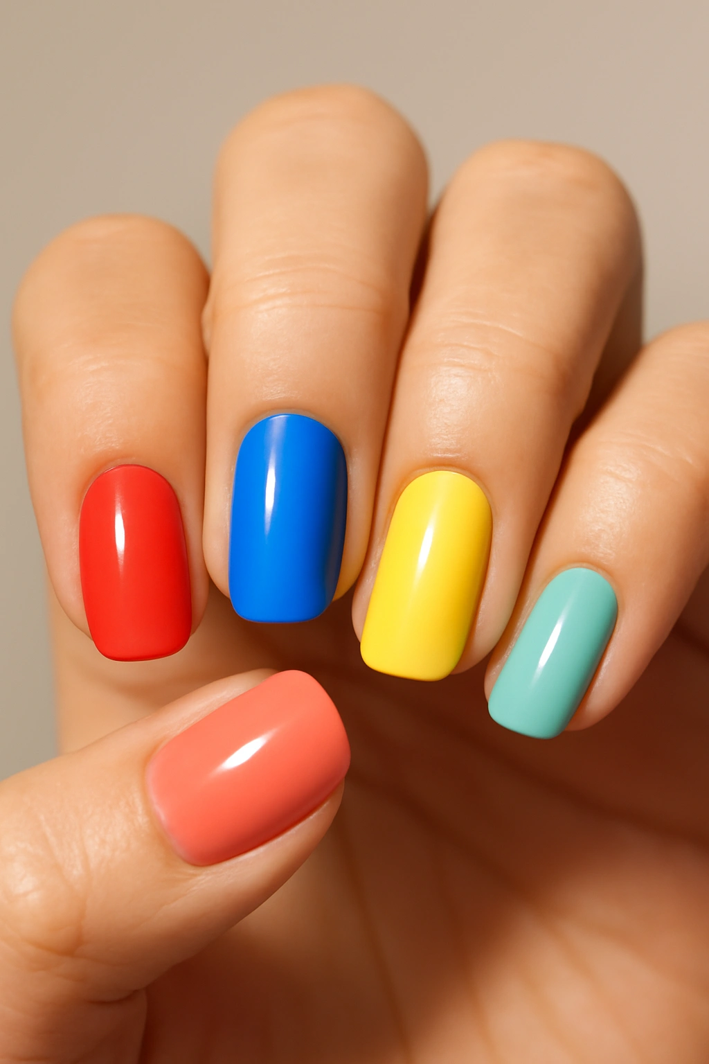 Close-up of five nails painted in different solid colors for a color-block nail look