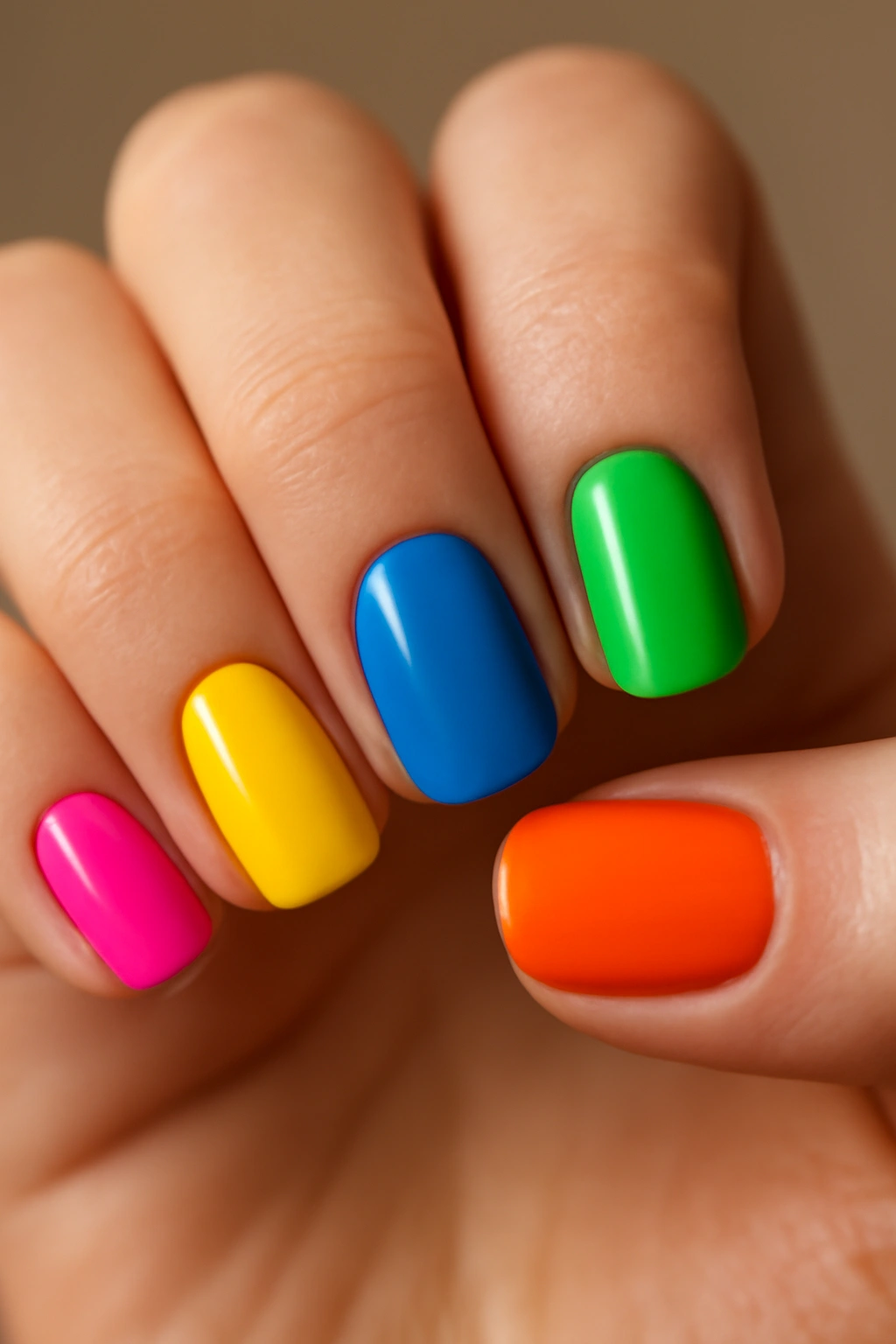 Close-up of five nails painted in bright colors: pink, blue, yellow, green, orange