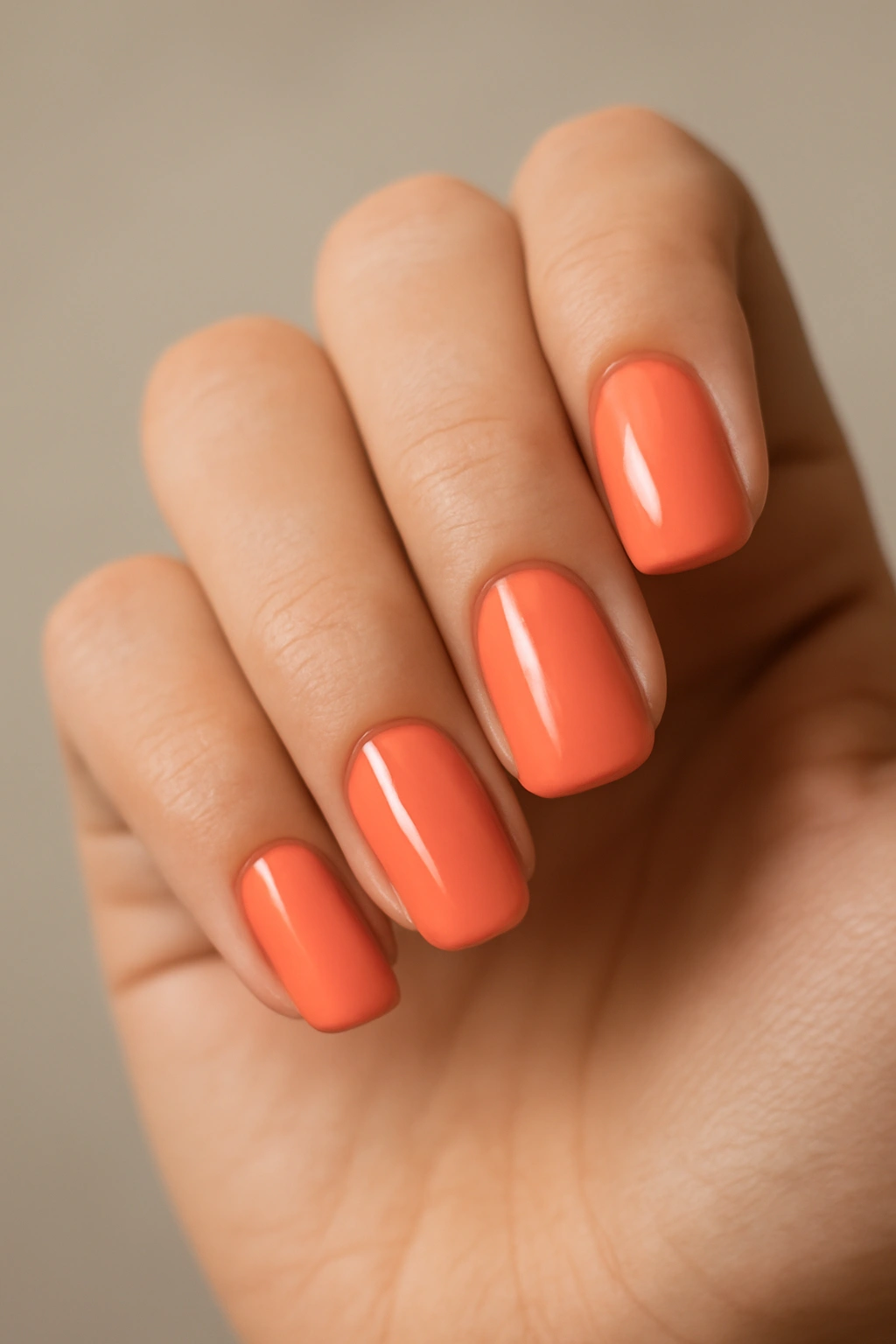 Close-up of coral or peach nails with a warm manicure