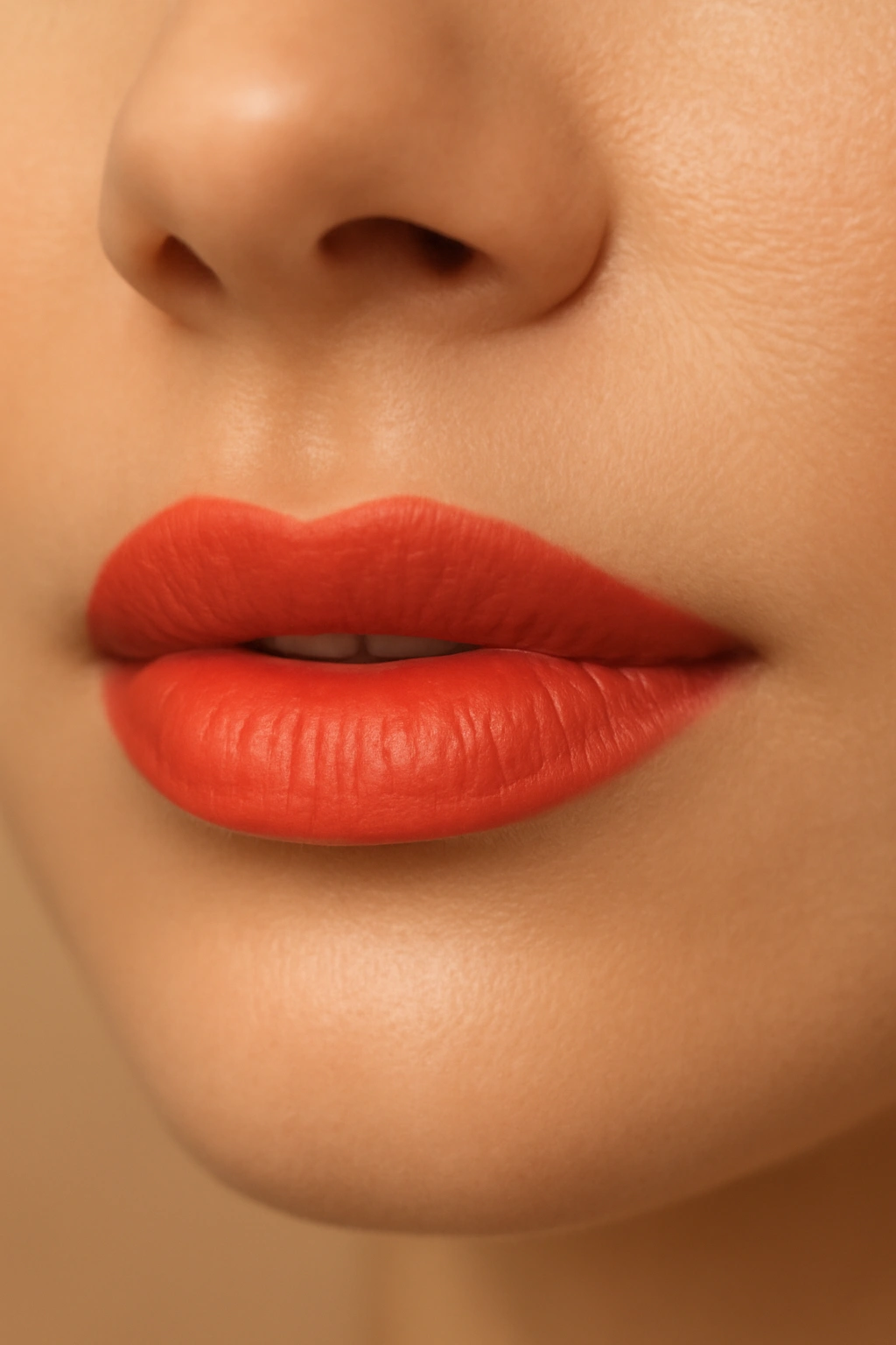Close-up of lips in coral-red lipstick with orange undertones, warm glow.