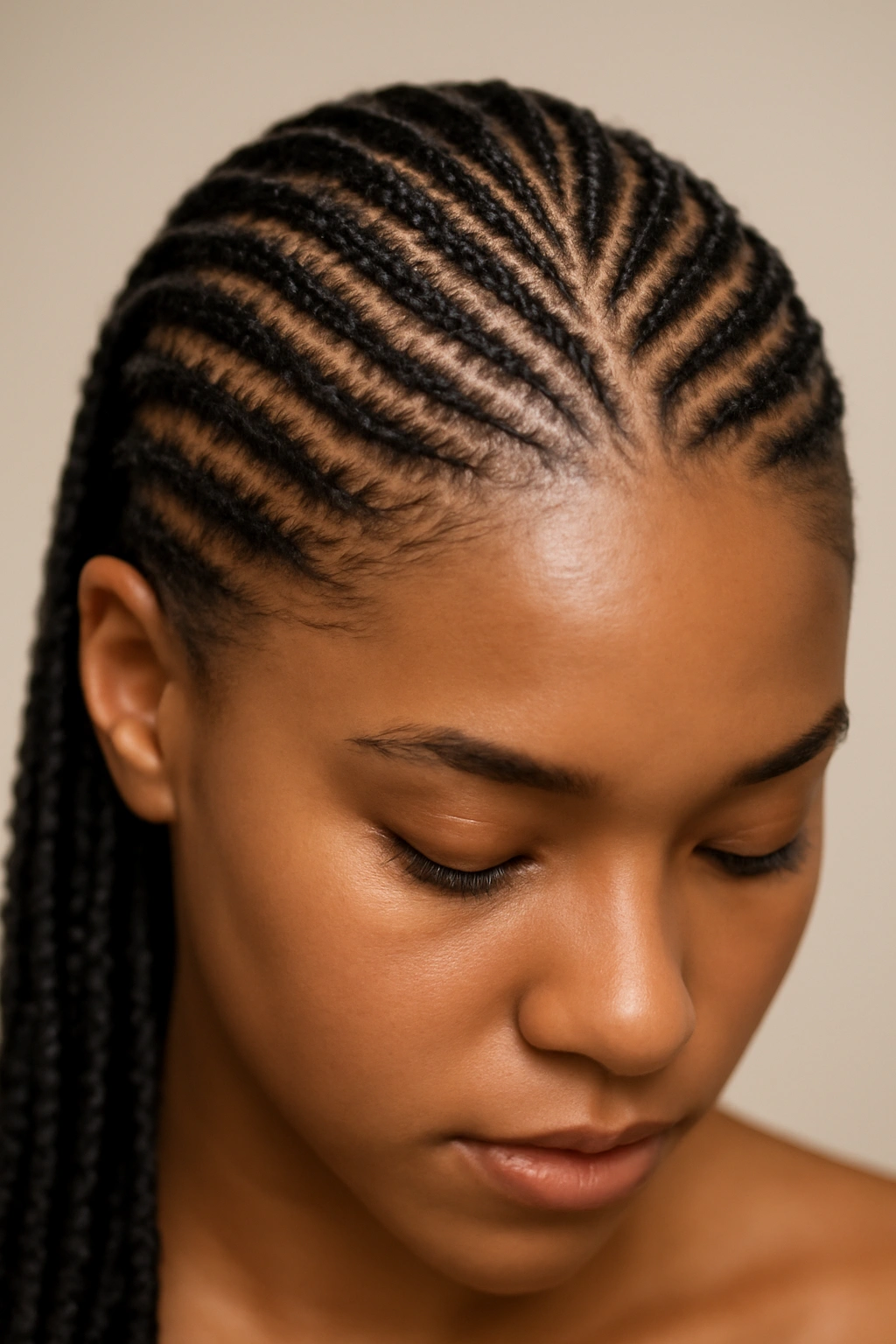 Close-up of cornrows braided close to the scalp showing geometric patterns