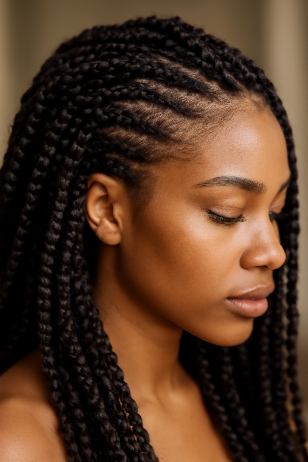 Close-up of crochet braids with neat cornrows and attached extensions.