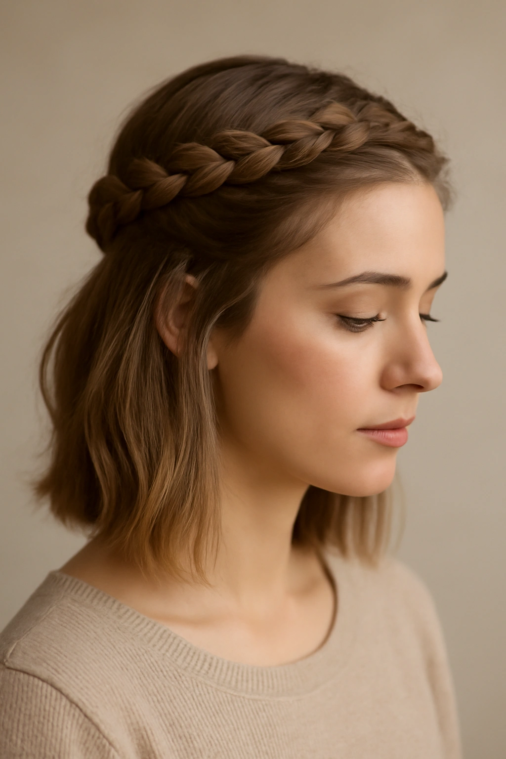 Crown braid around head forming a delicate crown