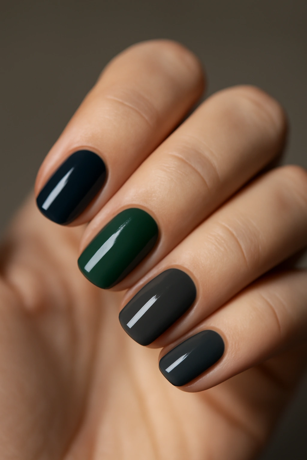 Close-up of nails painted in dark navy, forest green, and charcoal gray to mask nail damage.