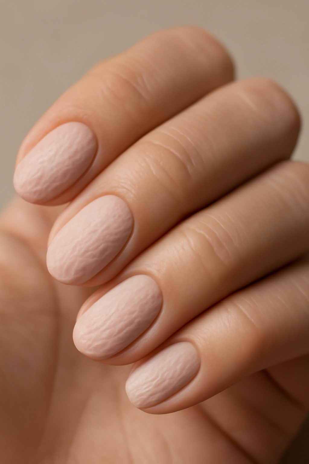 Close-up of subtle debossed embossed nail textures on nude nails