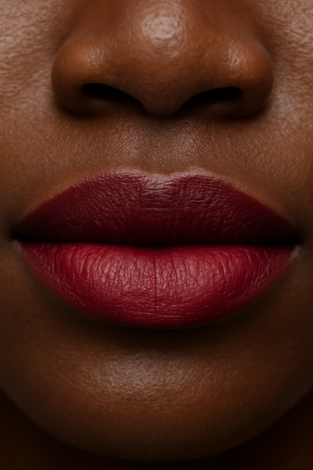 Close-up of lips wearing deep berry lipstick on dark skin