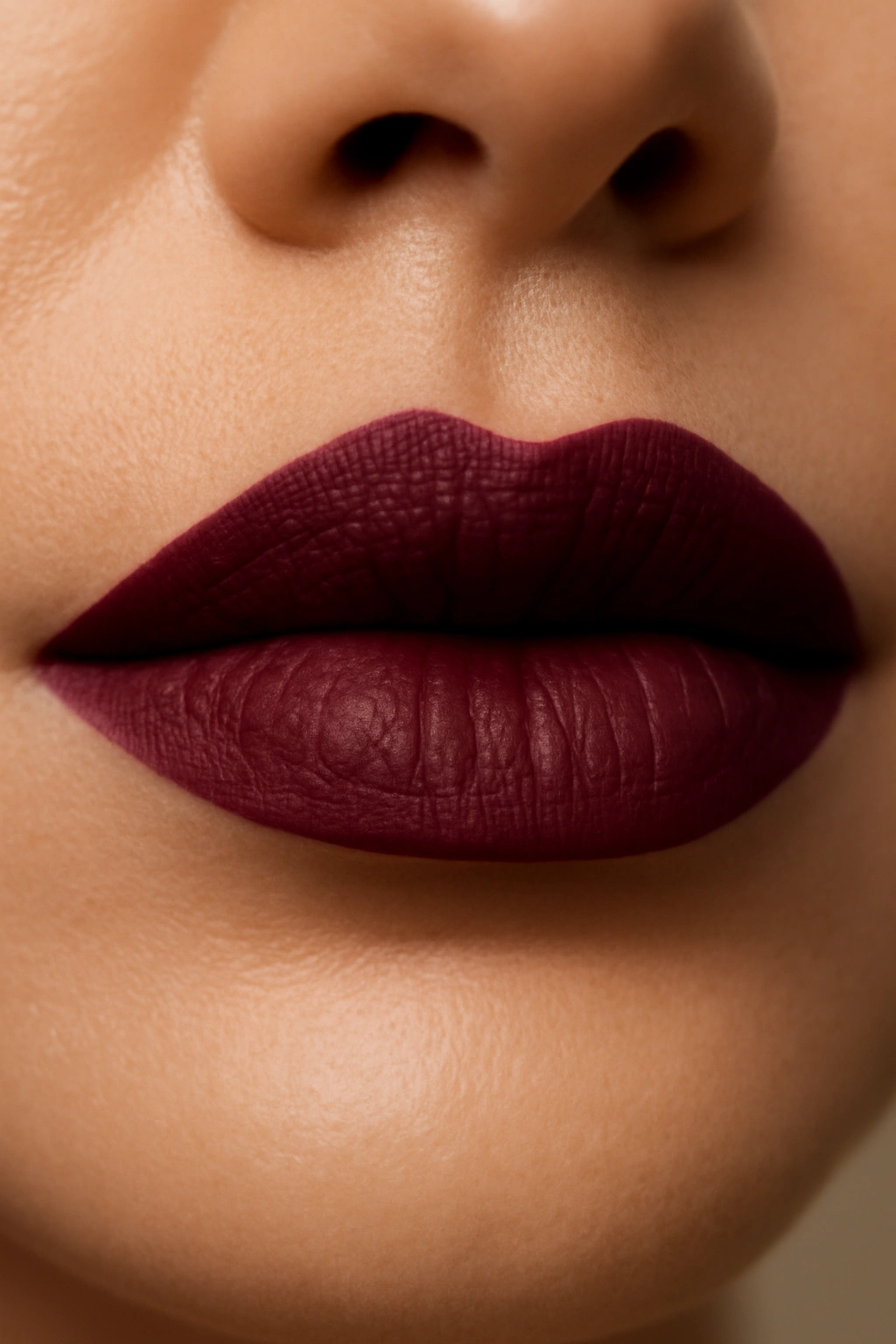 Close-up of lips in deep berry lipstick, rich and dramatic