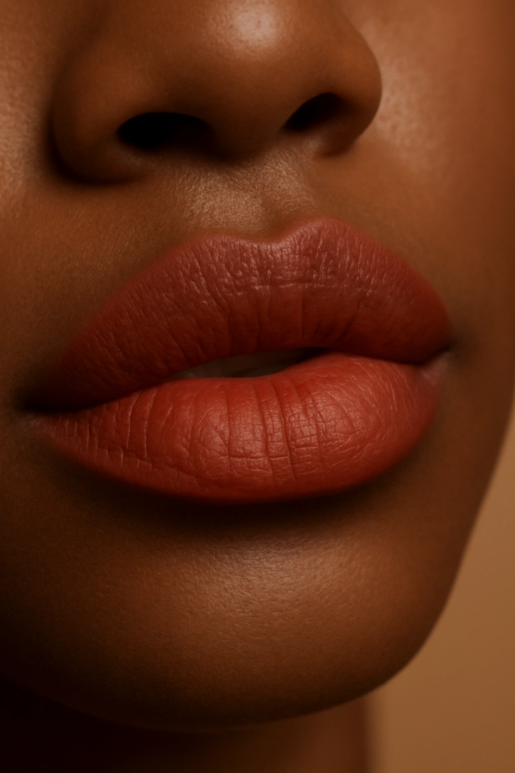 Close-up of lips wearing deep coral lipstick with red/brown undertones