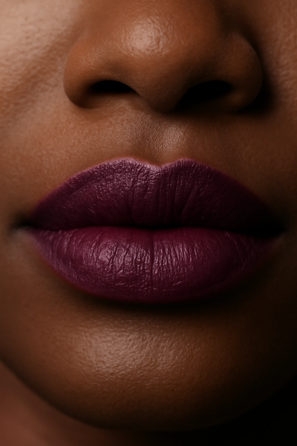 Close-up of lips in deep plum lipstick with purple undertones