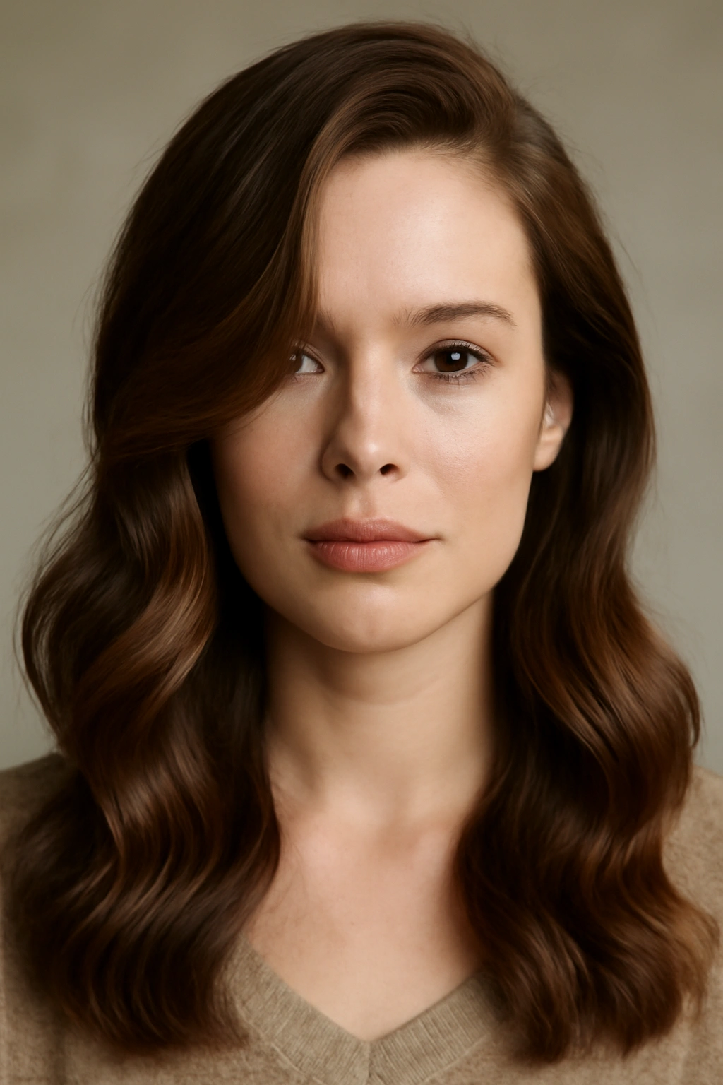 Close-up of hair with a deep side part and soft waves framing the face