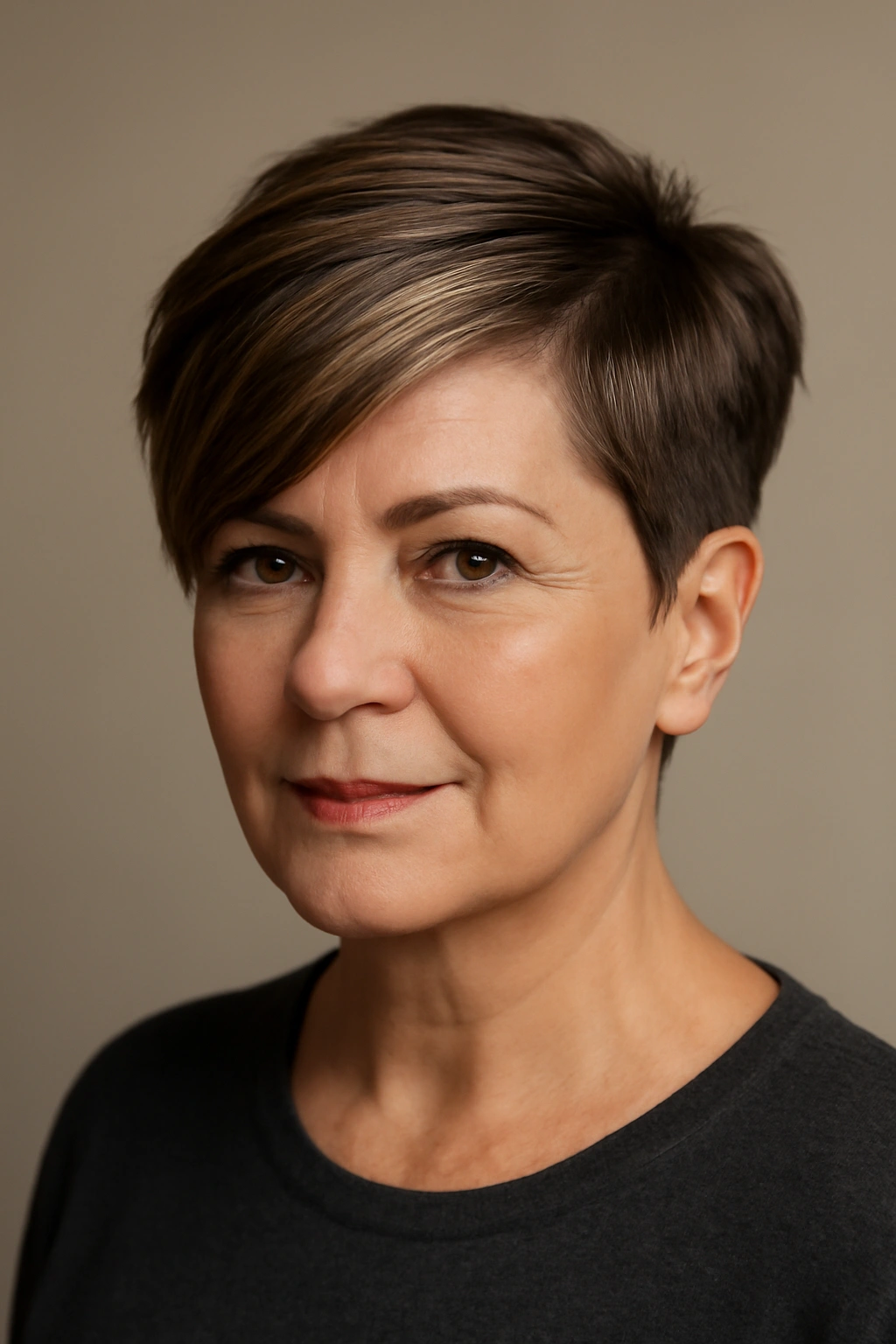 Deep side part pixie cut on a woman in studio with diagonal forehead part