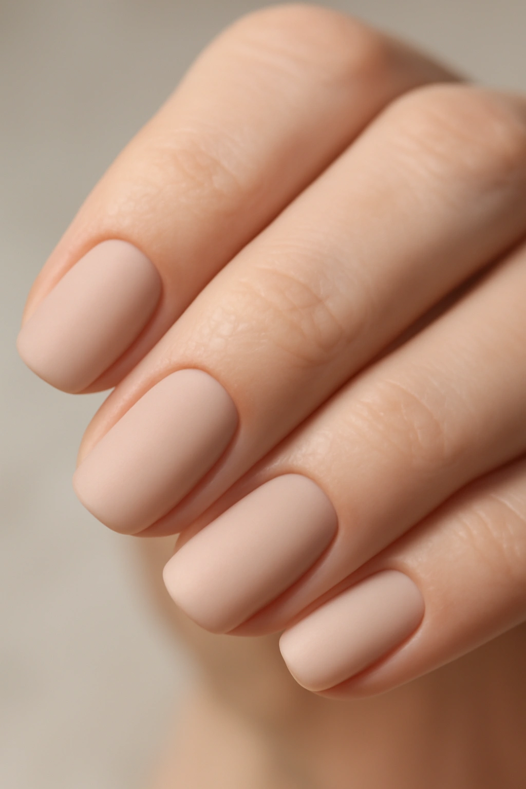 Close-up of dip powder manicure nails in neutral tones