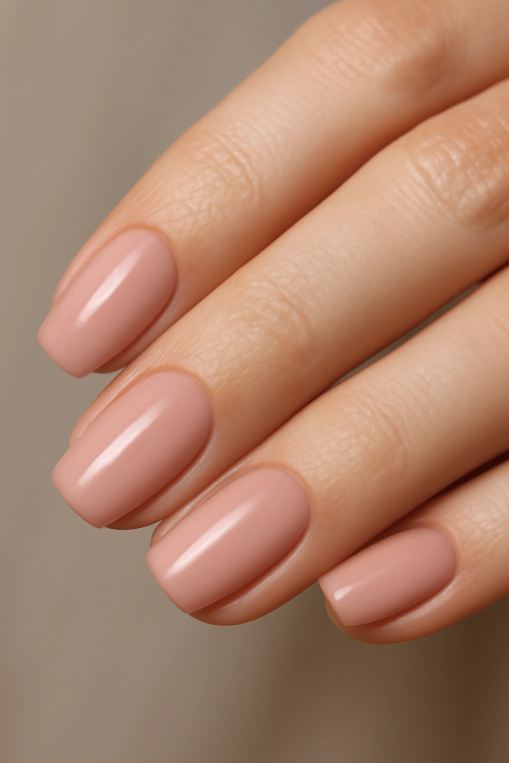 Close-up of dip powder nails in natural pink shade