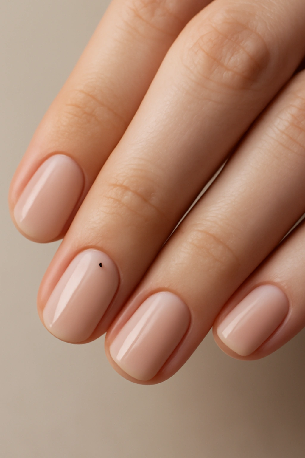 Close-up of nails with a tiny dot or fine line on a neutral base