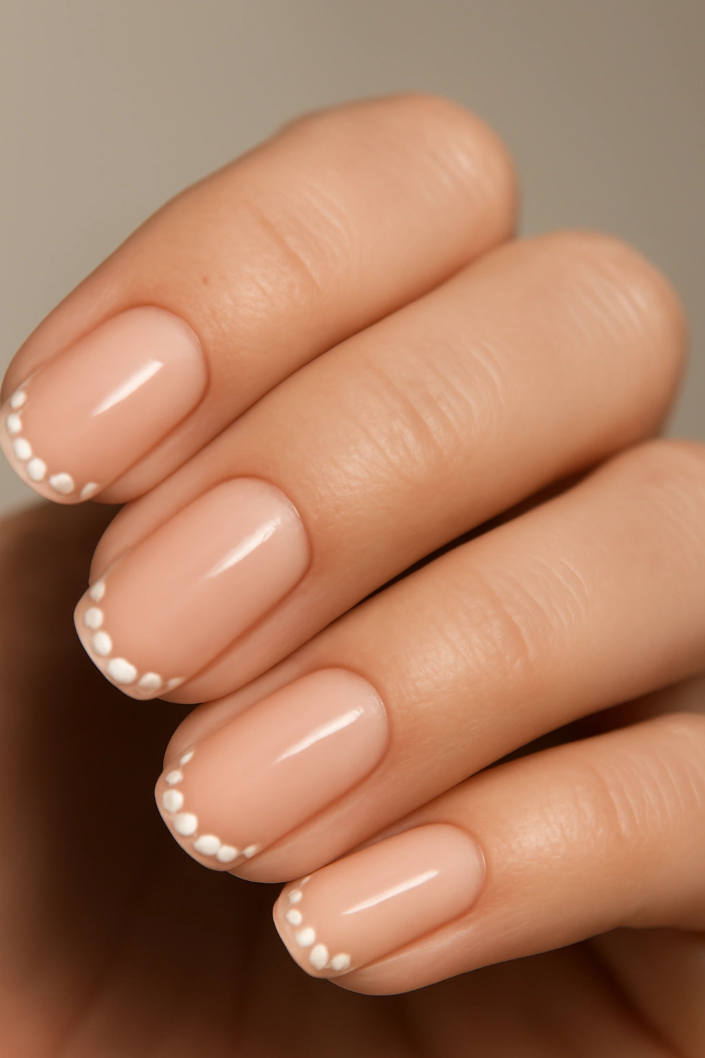 Nude nails with a row of white dots along the tip
