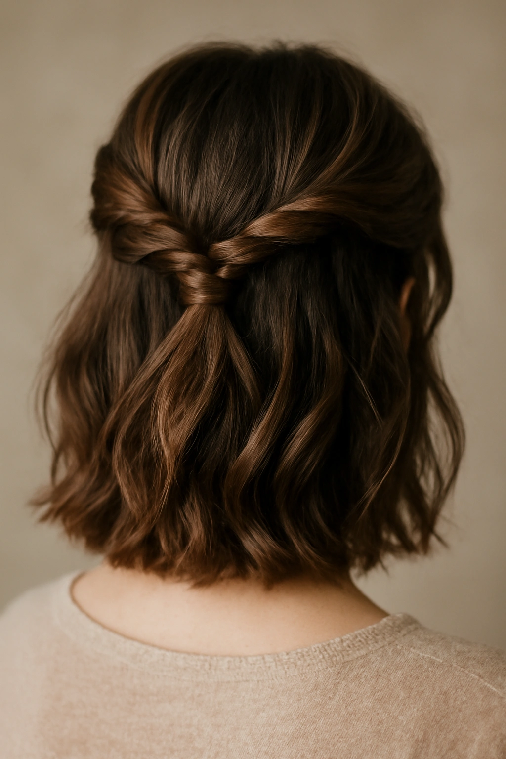 Portrait of a model showing two twisted sections pulled back into a double twisted half-up hairstyle