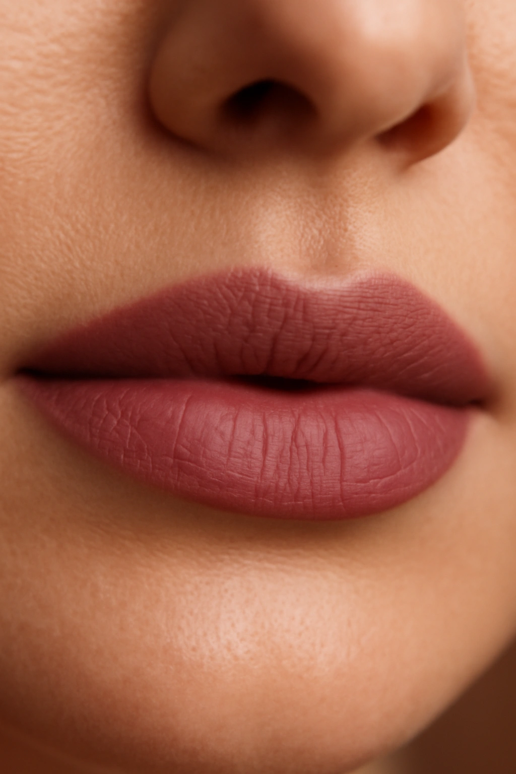 Close-up of lips in dusty rose lipstick with muted pink-gray undertone