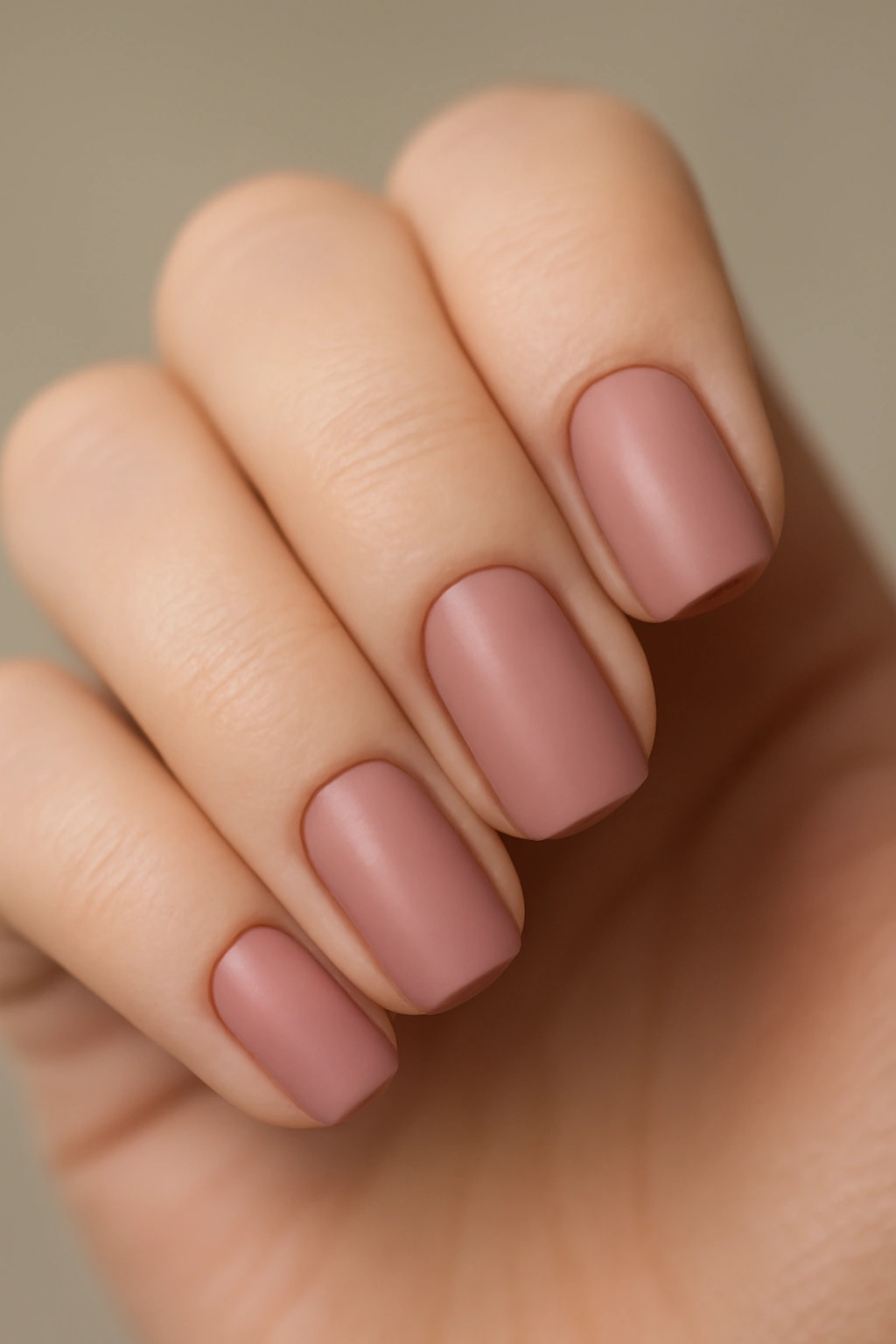 Close-up of a hand with dusty rose nails in muted pink-gray under neutral studio lighting