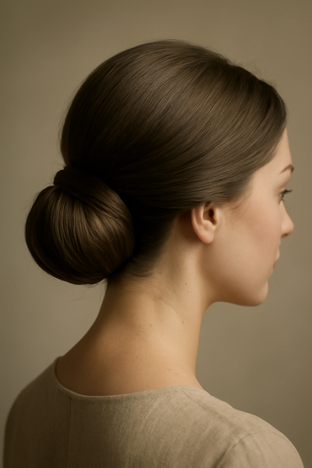 Low chignon bun at the nape of the neck, smooth and elegant