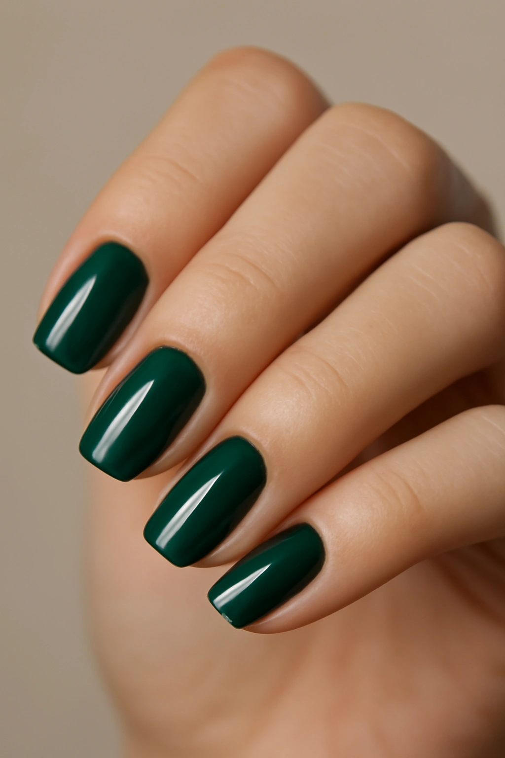 Close-up of deep emerald green nails on a hand with a neutral background
