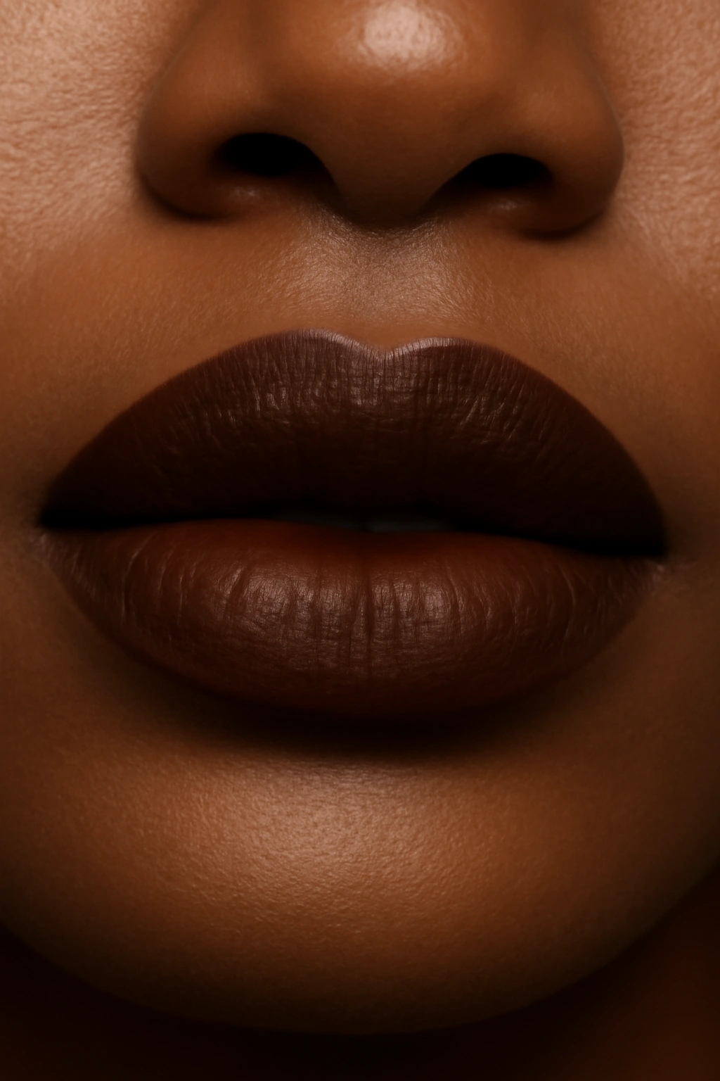 Close-up of lips in espresso brown lipstick with rich chocolate hues