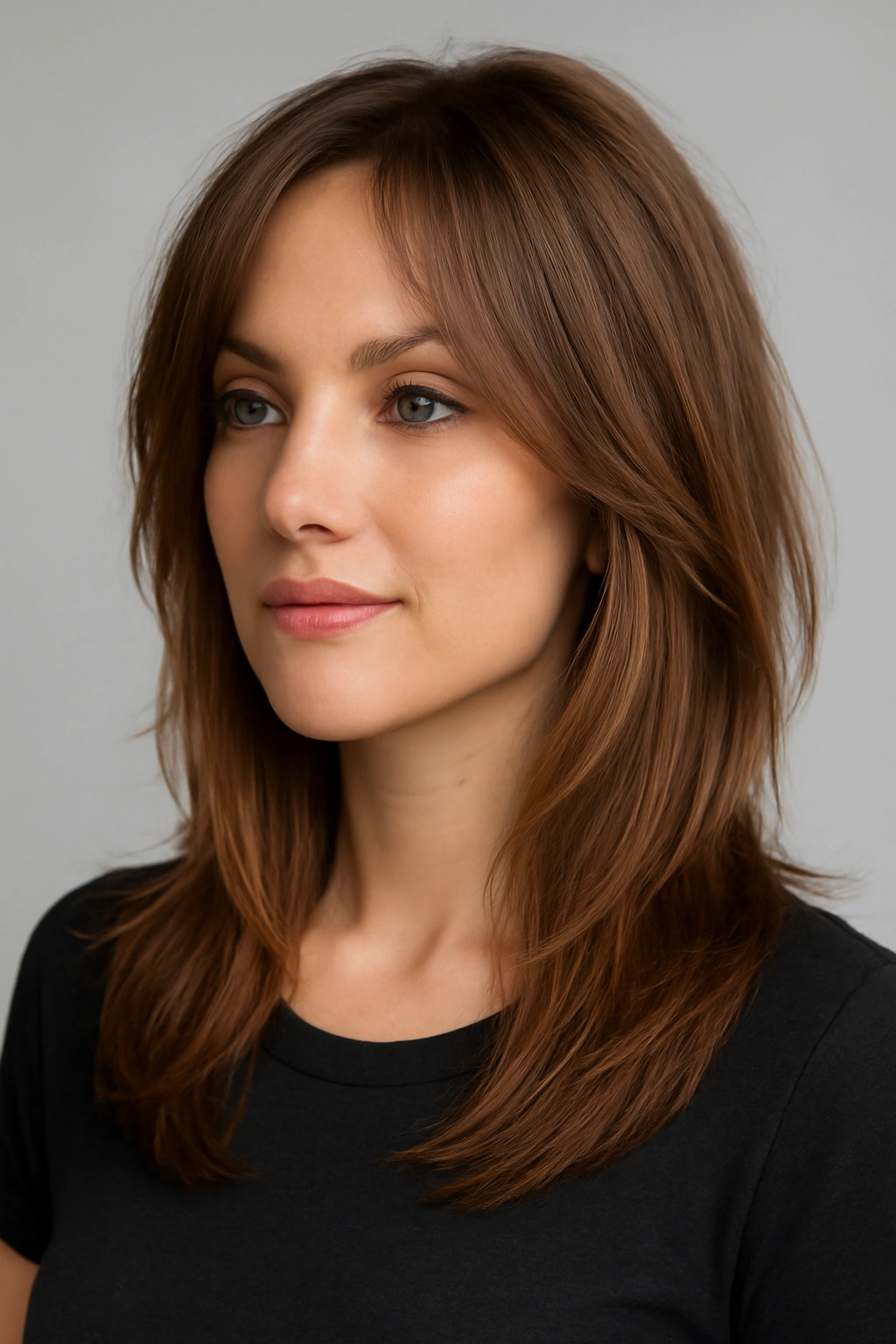 Hair with long layers and face-framing pieces around the cheekbones