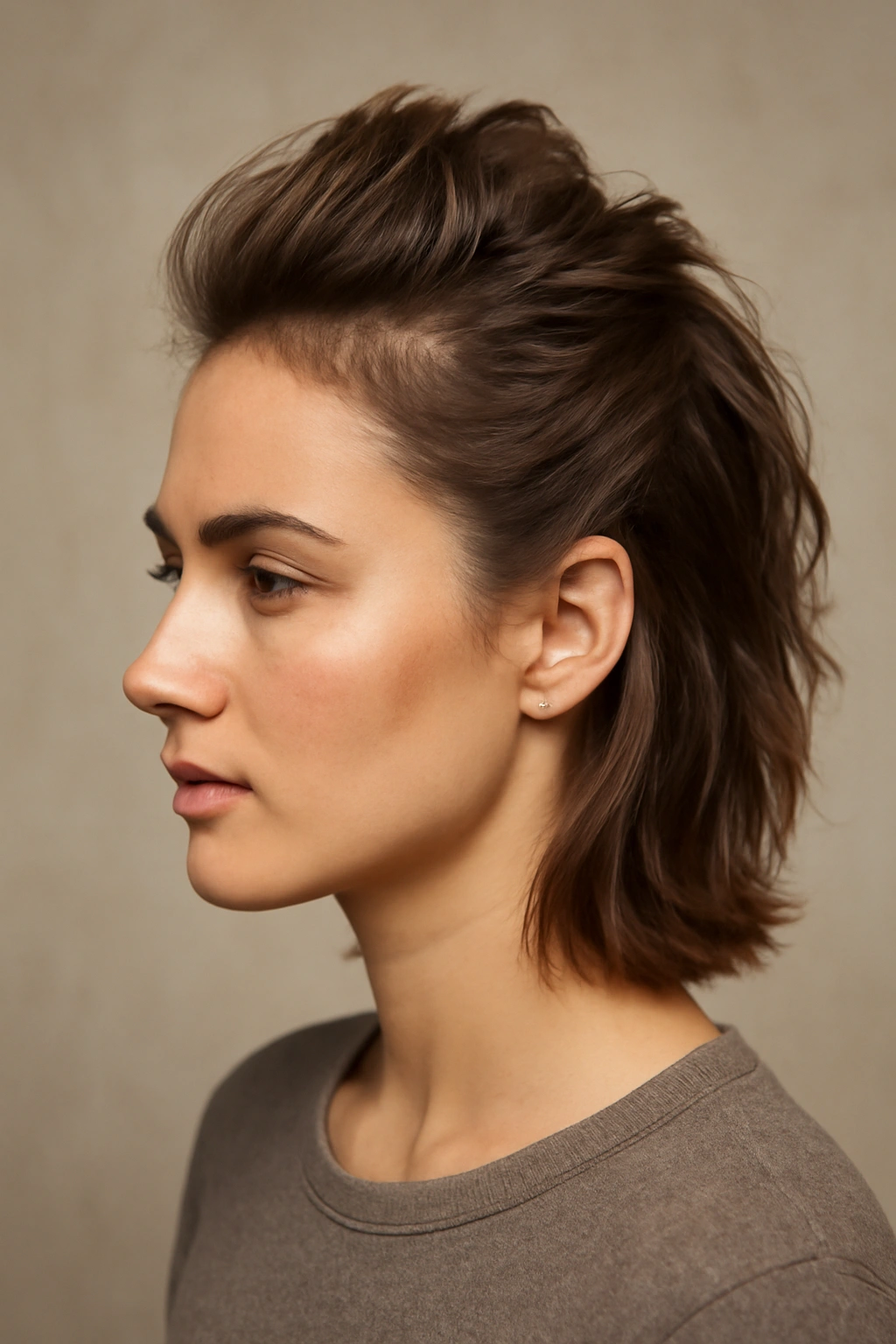 Close-up portrait of a model with a raised faux hawk half up, subtle texture and height