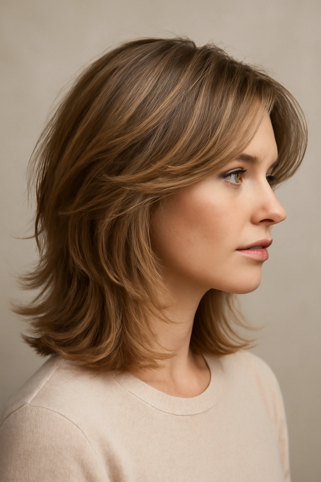 Hair with soft feathered layers creating a wispy, airy texture