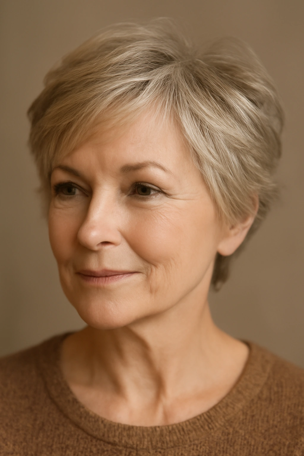 Portrait of feathered pixie haircut with soft outward layers.