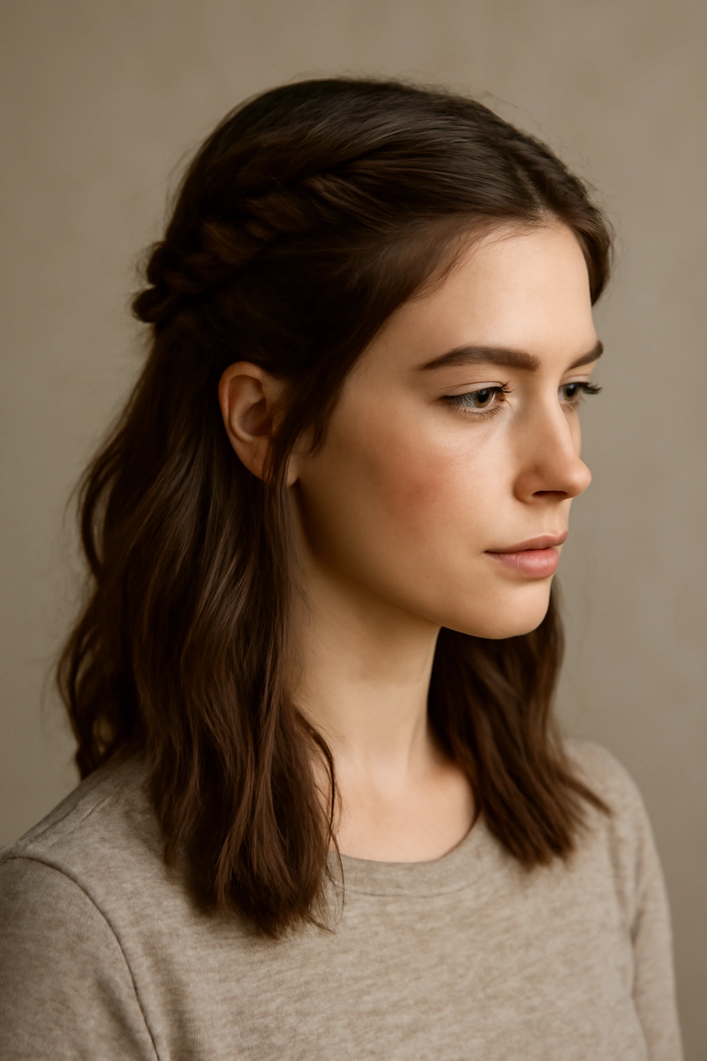 Profile view of a model with a fishtail braid integrated into a half-up hairstyle