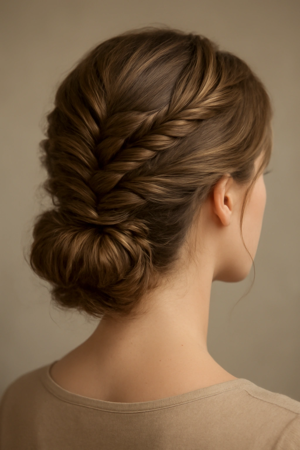 Fishtail braid woven into an updo with intricate texture