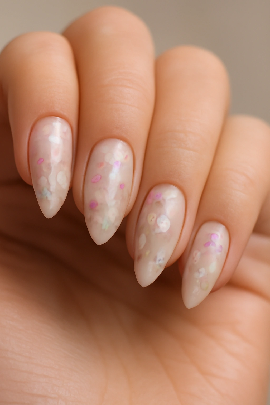 Close-up of Floral Almond Nails with delicate pastel blossoms