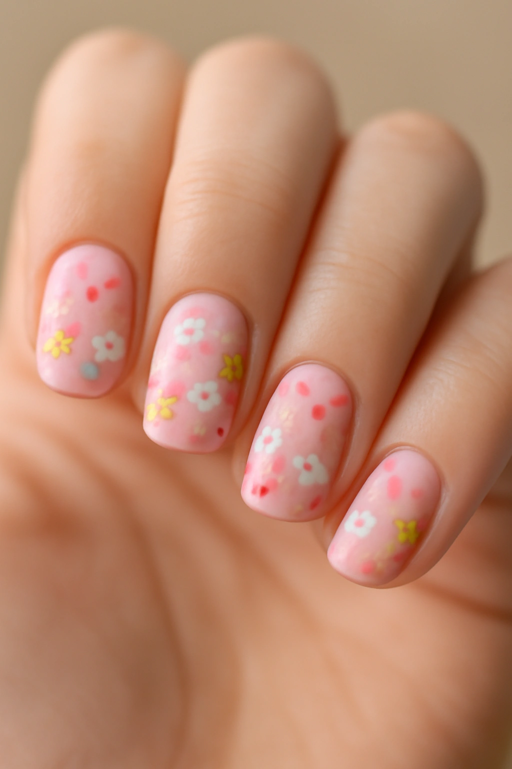 Close-up of floral fiesta nails with tiny pastel flowers