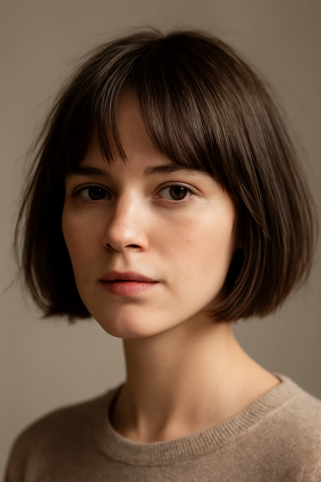 Close-up of chin-length French bob with undone fringe