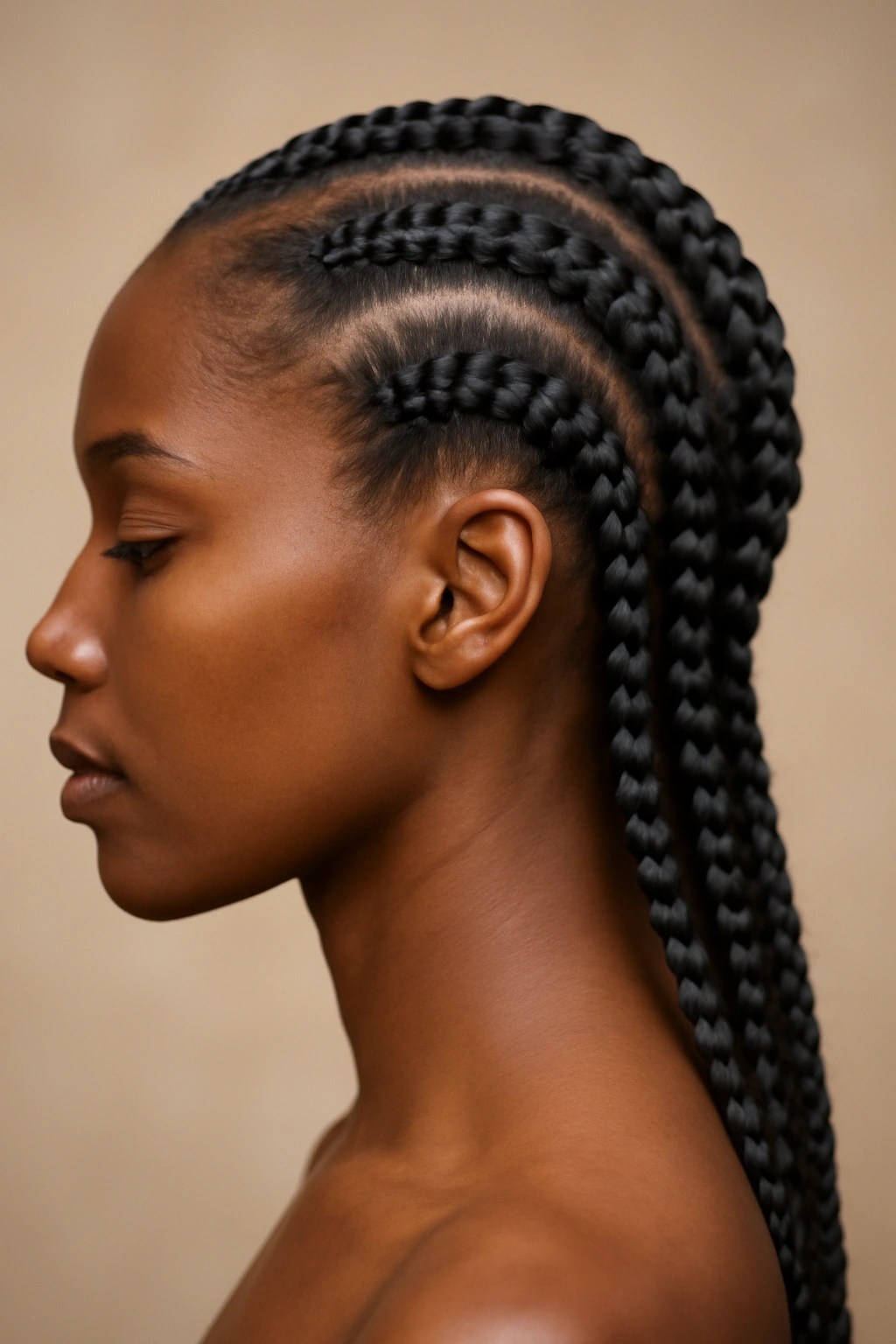 Close-up of French braids along the scalp on a Black woman
